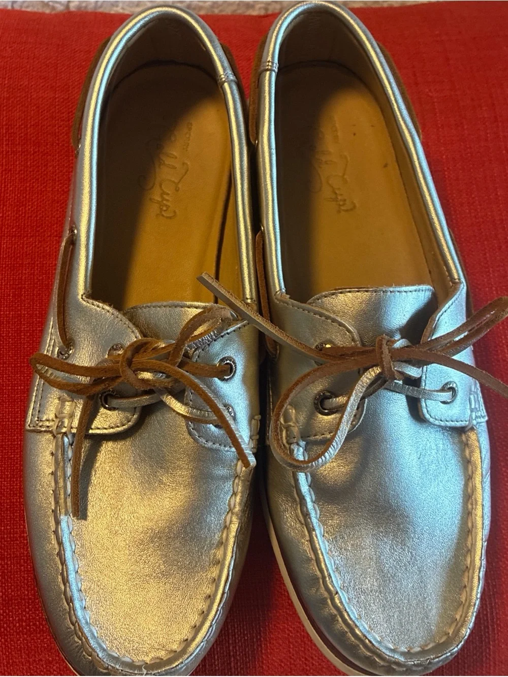 Sperry Metallic Silver Leather Men’s Boat Shoes with Brown Laces